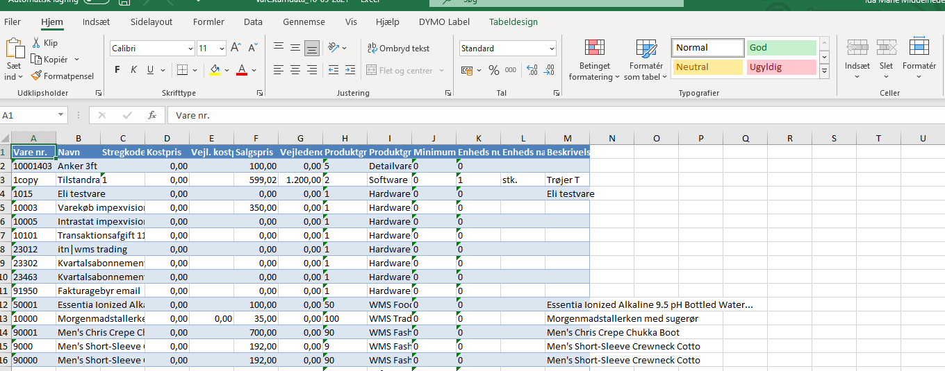 Excel ark med varestamdata